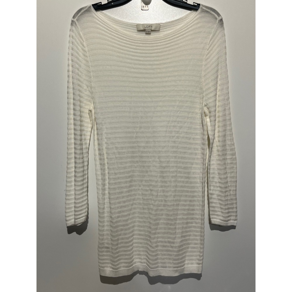 Ann Taylor Loft Womens Medium Ivory White Ribbed Boat‎ Neck Long Sleeve Sweater